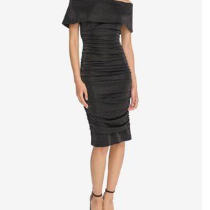 Vince Camuto Silver & Black Ruched Off-The-Shoulder Midi Dress NWT